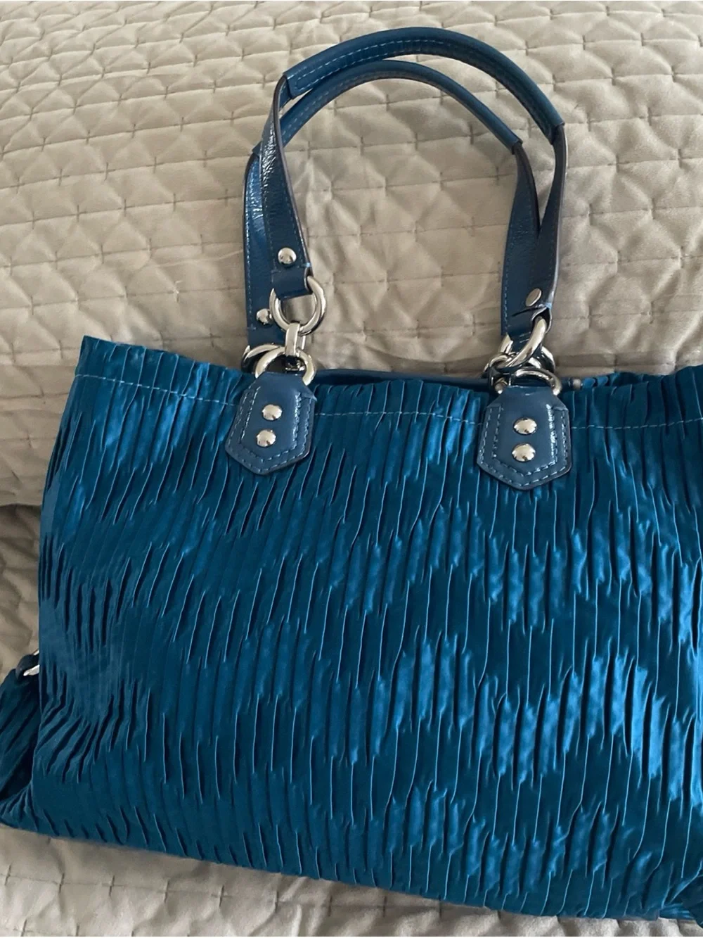 Coach Ashley Ocean Blue Pleated Tote satchel with Leather Trim